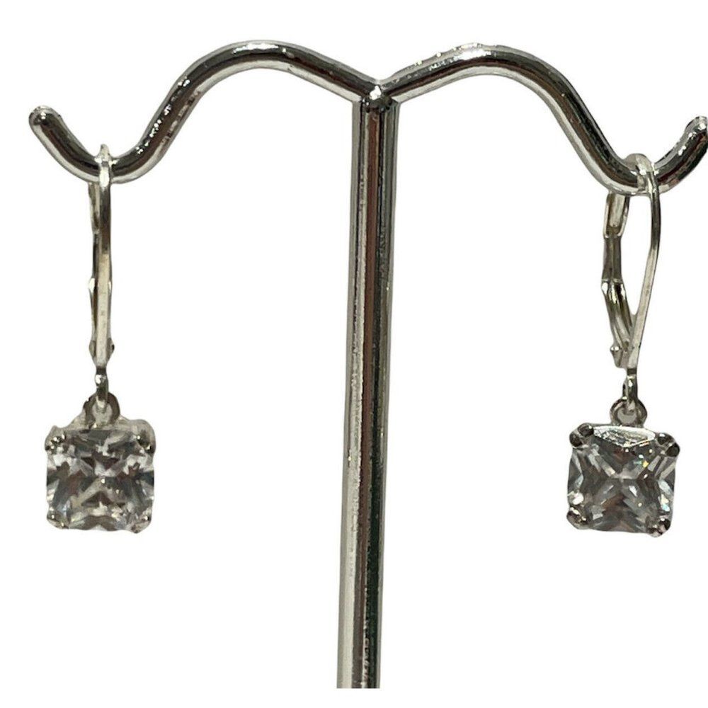 AHM Marked sterling silver 925 square solitare earrings leverback crystal Tested